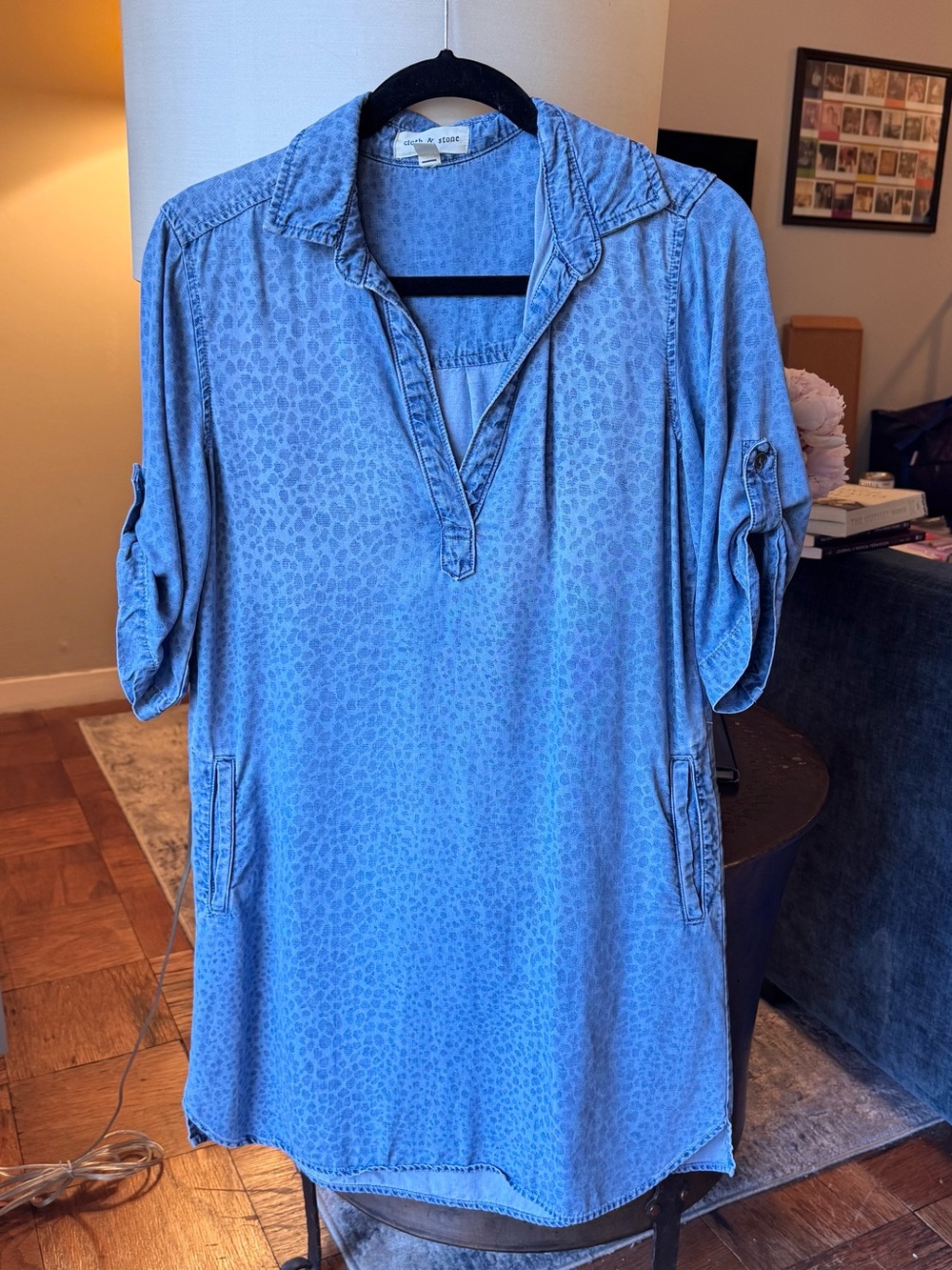 cloth & stone light blue leopard print denim tunic/shirt dress